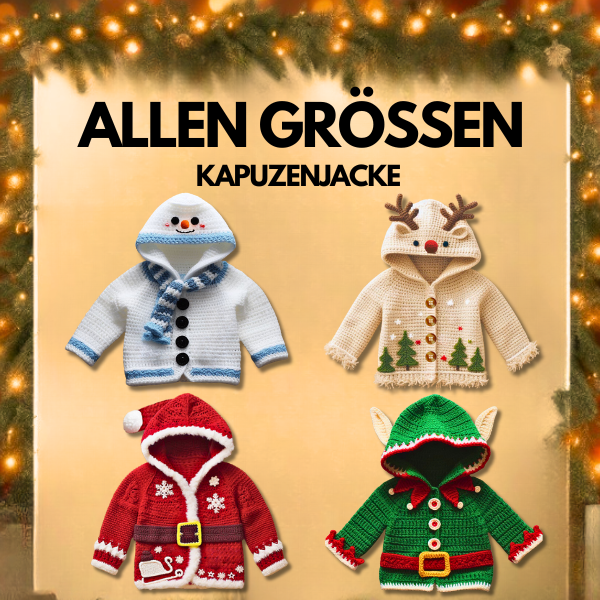 4 in 1 ALLE GRÖSSEN Weihnachts-Kapuzen-Cardigans – Häkelanleitung